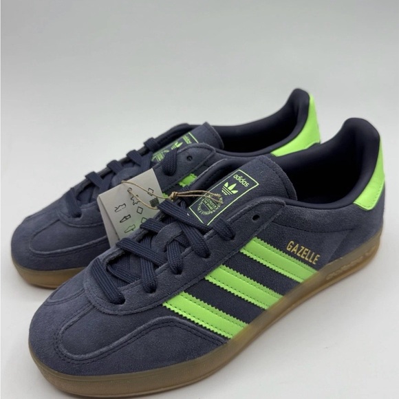 Adidas Originals Gazelle Indoor Men’s 9.5 Gray Neon Green Gum Sole Sneakers NIB - Picture 2 of 6